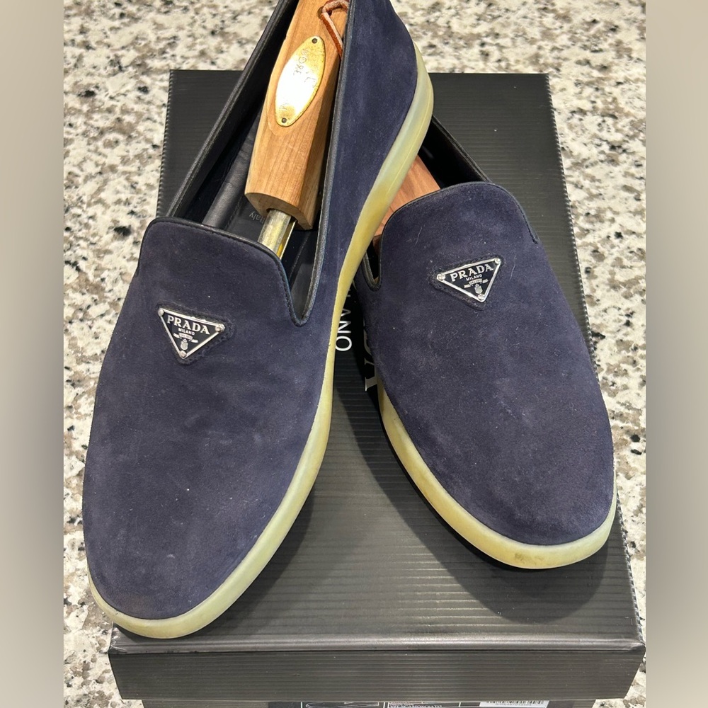 Prada Men's Dark Blue Suede Slip-Ons